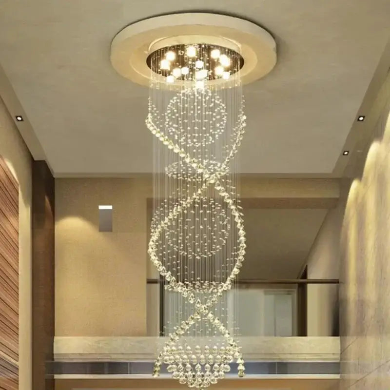 A modern double spiral crystal chandelier with clear faceted crystals for hotel and villa living room lighting