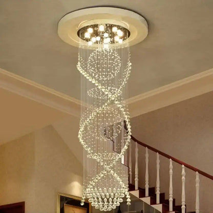 Modern double spiral crystal chandelier with clear glass beads and embedded lights for hotel villa staircase lighting