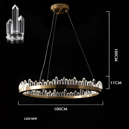Modern double tier gold dimmalbe led crystal high ceiling chandelier with gold tone and clear prisms suspended by black cords
