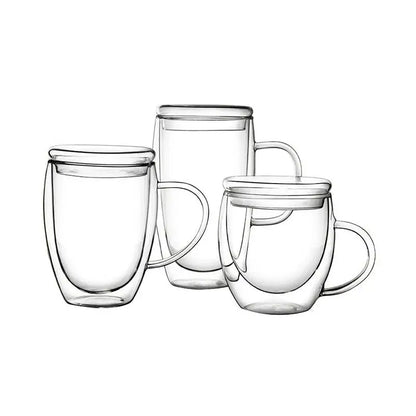 Set of three clear double wall beer whiskey wine glass mugs with lids and handles for modern kitchen use