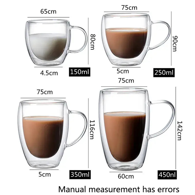 Modern double wall glass coffee cup set featuring clear double-walled mugs with handles filled with various beverages