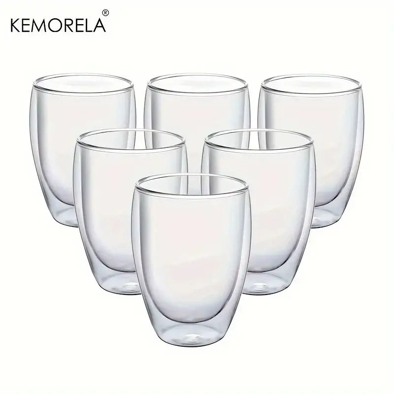 Clear double wall glass coffee mugs with modern design insulated for kitchen use in a sleek tumbler set