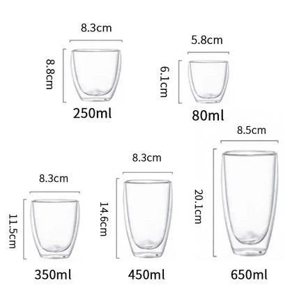 Clear modern double wall glass coffee mugs set in various sizes featuring insulated transparent glass tumblers for kitchen use