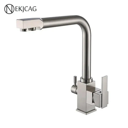 Modern dual outlet gold kitchen faucet with brushed stainless steel finish sleek angular design and dual handles