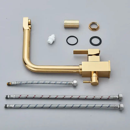 Modern dual outlet gold kitchen faucet in gold-finished brass with purified water outlet and decorbites dual outlet design
