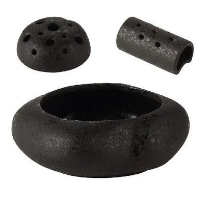 Modern earthy lotus seedpod ceramic incense burner black diffuser set with rounded base and perforated dome lid for decor