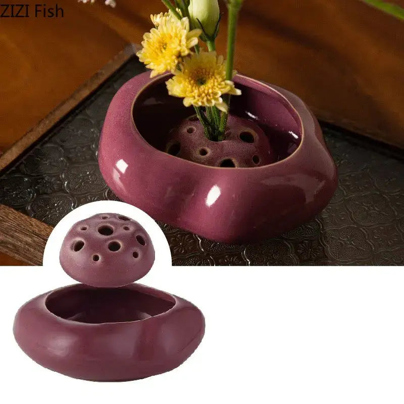 Modern earthy purple lotus seedpod ceramic incense burner with perforated lid designed as seedpod ceramic vase