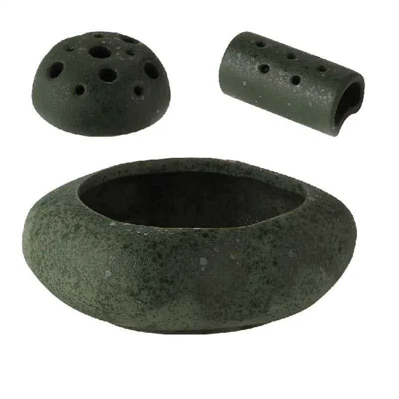 Dark green lotus seedpod ceramic incense burner set with perforated lid and cylindrical component for living room decor