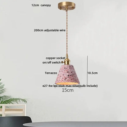 Modern earthy pink terrazzo stone led pendant light with brass canopy and adjustable wire for dining room decorbites terrazzo stone