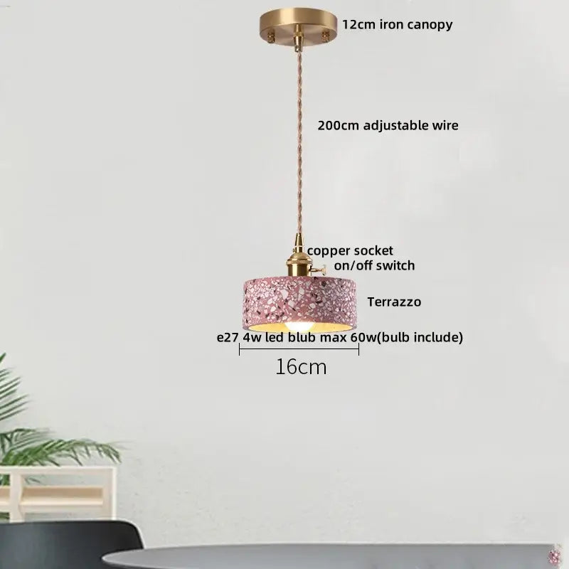 Modern earthy pink terrazzo stone led pendant light with brass iron canopy and copper socket for dining room decorbites terrazzo stone