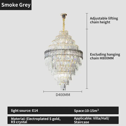 Smoke grey decorbites elegant crystal chandelier with electroplated gold and k9 crystal for dining room decor