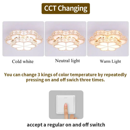 Modern elegant crystal led chandelier ceiling lamp with gold-toned frame, four-petal design, and adjustable cct settings