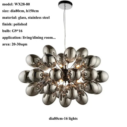 Modern elegant grape glass chandelier with polished glass and stainless steel spherical design featuring 16 g9 bulbs