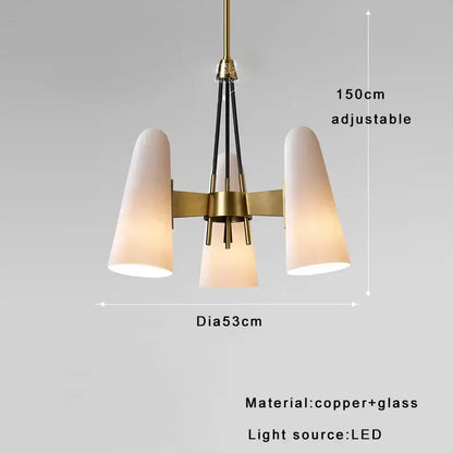 A modern three-light pendant chandelier with brass copper frame and elegant white glass cup shades for living room decorbites decor