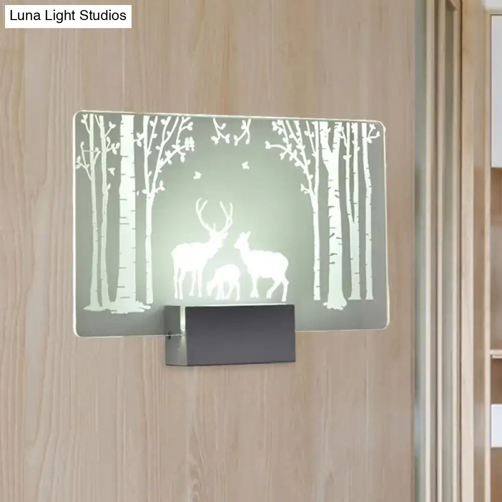 Modern elk forest wall lamp with frosted glass panel featuring white deer silhouettes on black base 110v 120v
