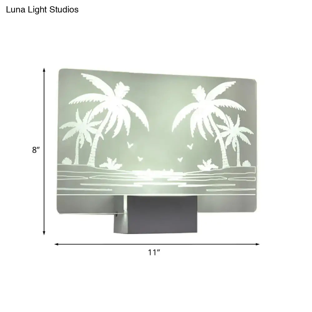 Modern elk forest wall lamp featuring a frosted glass panel with an etched tropical beach scene of coconut tree elk, 110v 120v