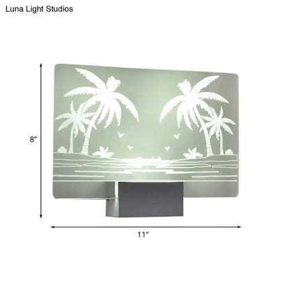 Modern elk forest wall lamp featuring a frosted glass panel with an etched tropical beach scene of coconut tree elk, 110v 120v