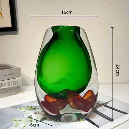 Modern emerald clear fruit tray vase made of translucent green glass with amber and red accents for living room decorbites decor
