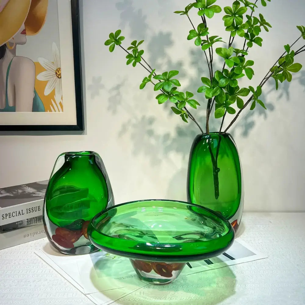 Set of three translucent emerald green glass fruit tray vases with modern organic shapes for clear fruit tray decorbites decor