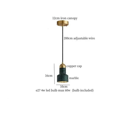 Modern emerald green and brass led pendant lamp with marble shade and adjustable black wire for dining room lighting