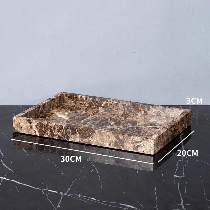 Rectangular brown emperador dark marble tray with polished veined surface and raised edges from bathroom set