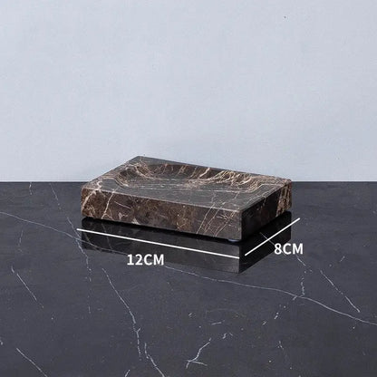 Dark brown emperador dark marble tray with elegant white veining measuring 12cm by 8cm for bathroom use