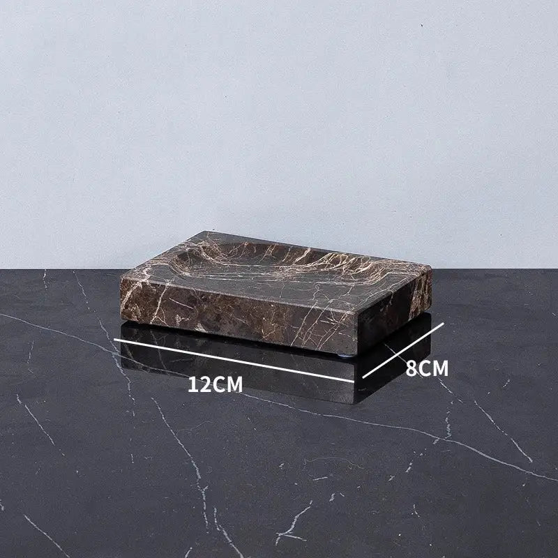 Dark brown emperador dark marble tray with elegant white veining measuring 12cm by 8cm for bathroom use
