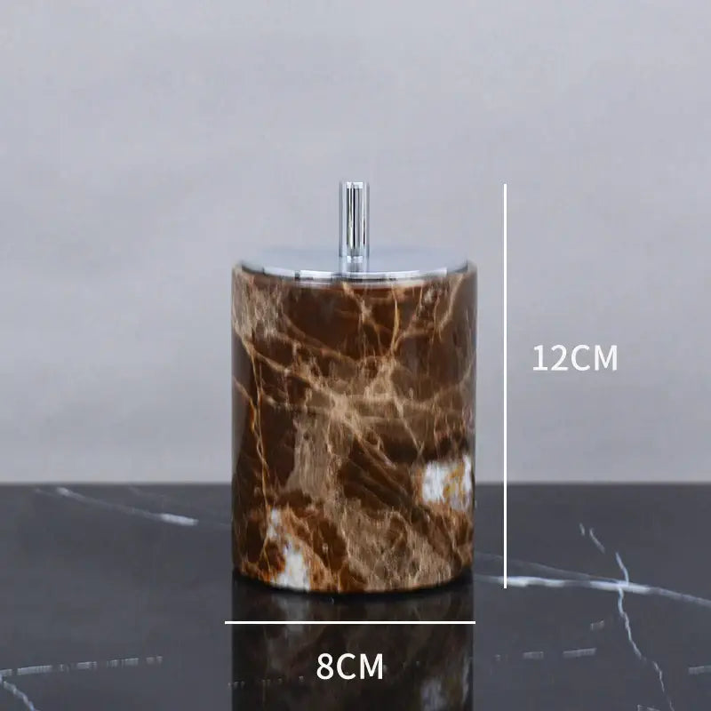 Cylindrical container with chrome lid and handle in emperador dark marble from modern emperador dark marble bathroom set