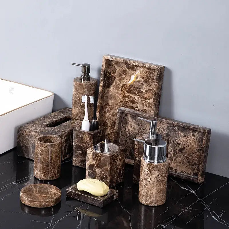 Modern emperador dark marble bathroom set featuring brown emperador dark marble with chrome pump dispensers and trays