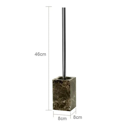 Modern emperador dark marble toilet brush with a polished chrome handle and square dark marble base, 46cm tall