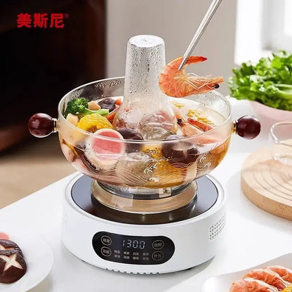 Modern etched decorbites glass hotpot with red wood handles and central stainless steel chimney for steaming seafood