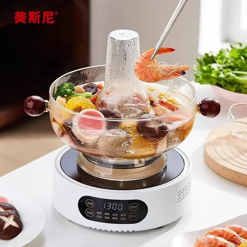 Modern etched decorbites glass hotpot with red wood handles and central stainless steel chimney for steaming seafood