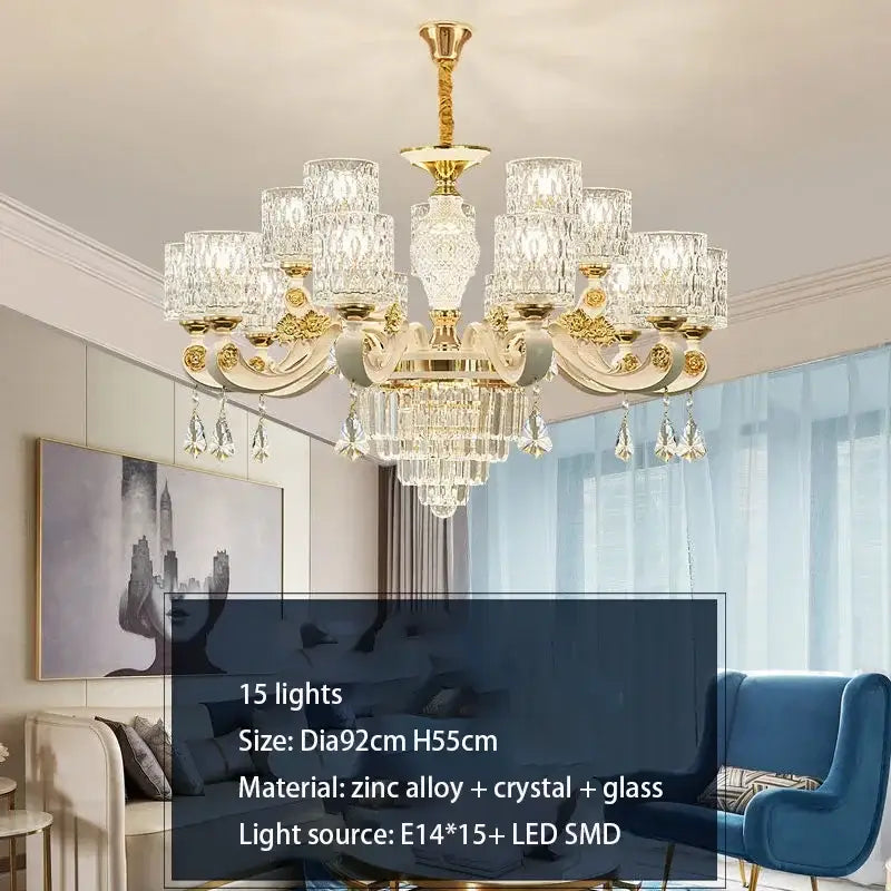 Modern european gold crystal ceiling chandelier with ornate arms and teardrop crystals by decorbites crystal ceiling decor