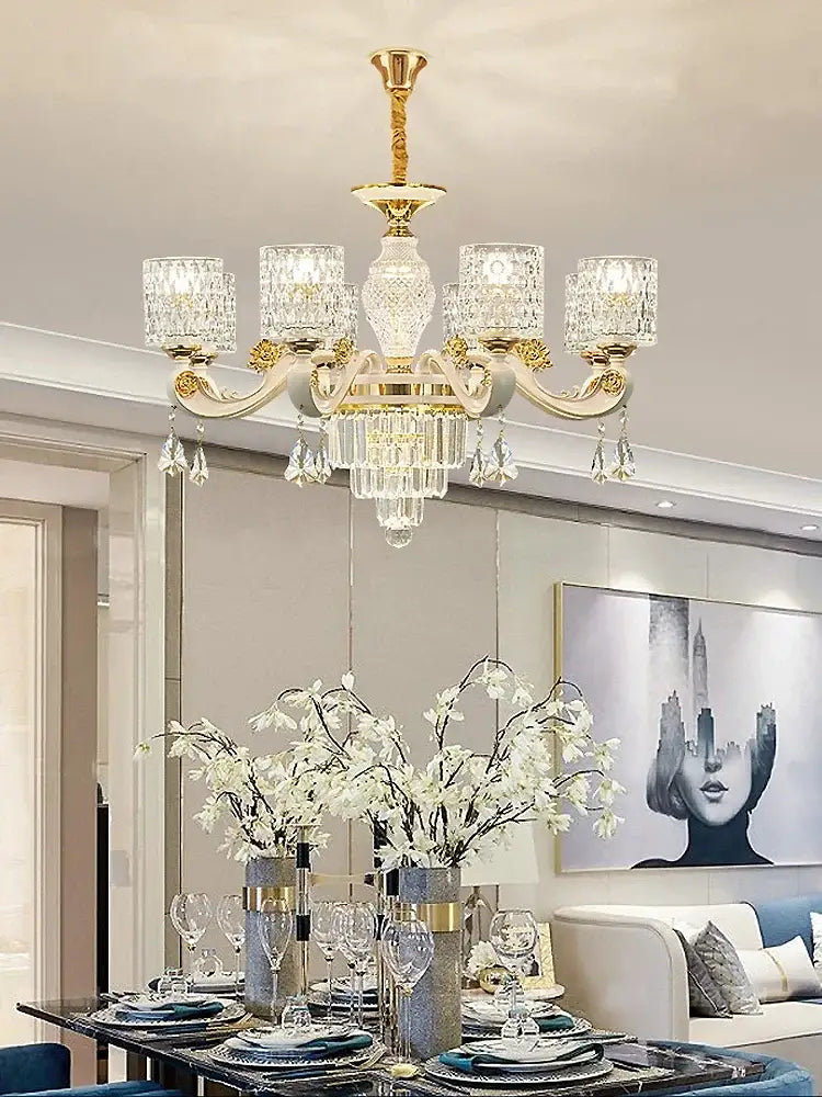 Modern european gold crystal ceiling chandelier with crystal glass shades and dangling crystals for living room decorbites crystal ceiling