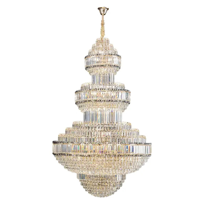 Modern european gold crystal villa chandelier pendant light with cascading clear faceted crystals on gold frame