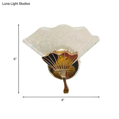 Modern fan gold led wall sconce lamp with bubble crystal glass shade and ornate gold fan-shaped base direct wired electric