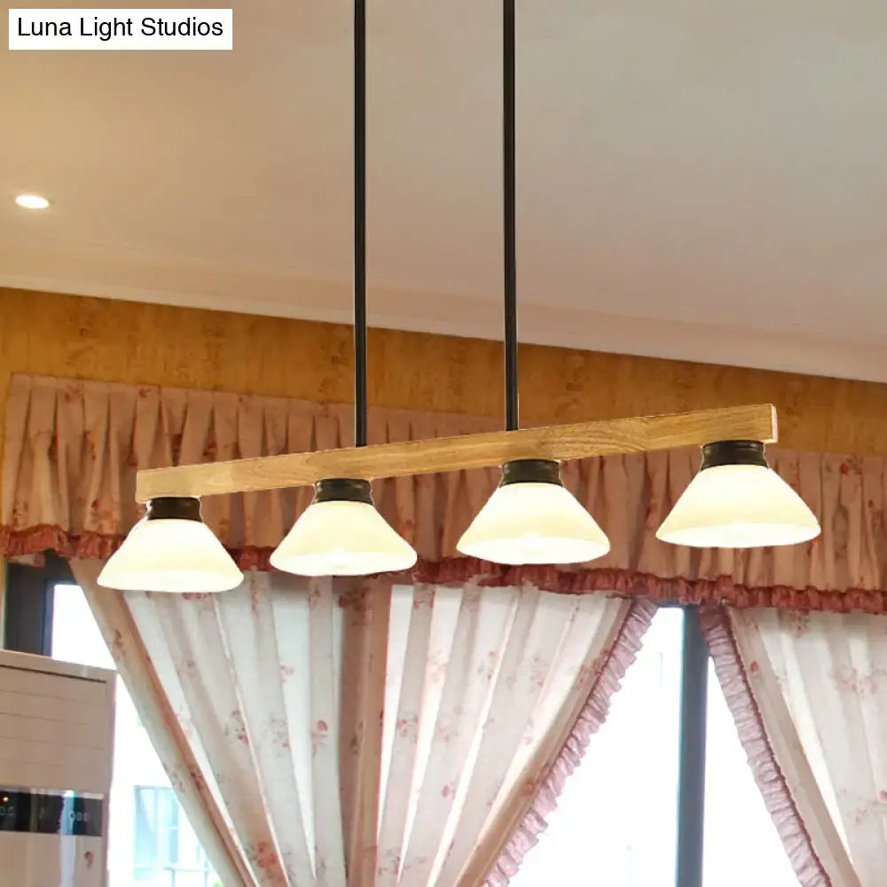 DecorBites™ modern farmhouse linear pendant light with wooden cone shade and frosted glass for kitchen island lighting