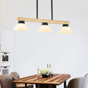 Decorbites modern farmhouse ceiling lights product with natural wood beam black metal rods and three frosted wooden cone shades