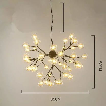 A modern black metal decorbites heracleum firefly chandelier with clear firefly glass round bulbs for dining room lighting