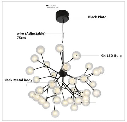 Black metal firefly glass round chandelier with multiple clear globe bulbs and adjustable 75cm wire for dining room lighting