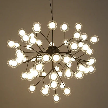 Modern firefly glass round chandelier with dark metal frame and clear glass globe bulbs for dining room lighting decorbites heracleum firefly