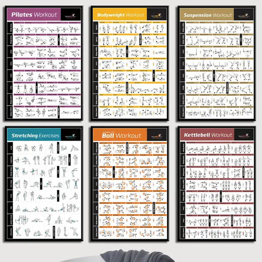 Set of six modern fitness canvas poster wall art featuring bold headers and black-and-white illustrations for home gym decorbites bodybuilding workout