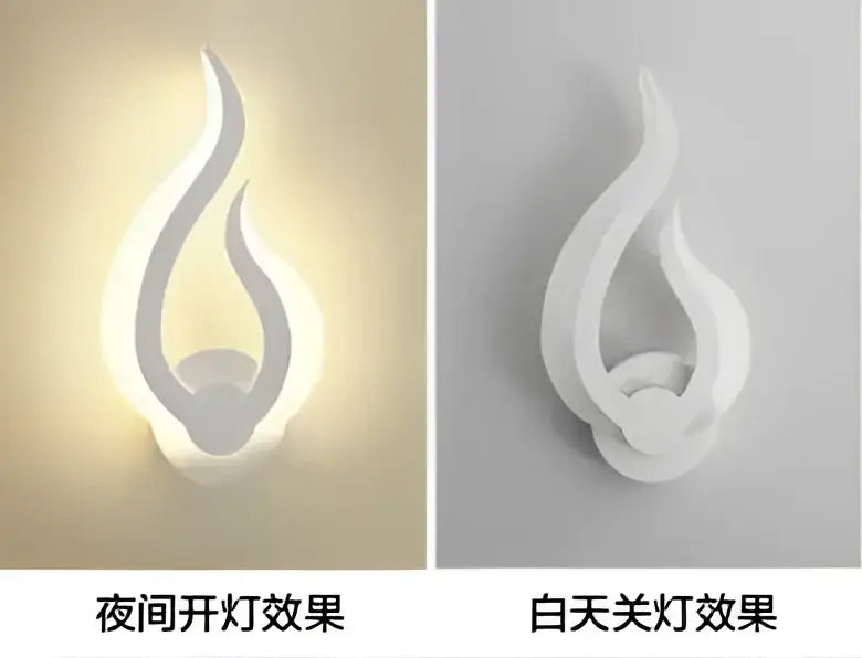 White flame-shaped acrylic led wall light with smooth modern design by decorbites for living room and bedroom decor