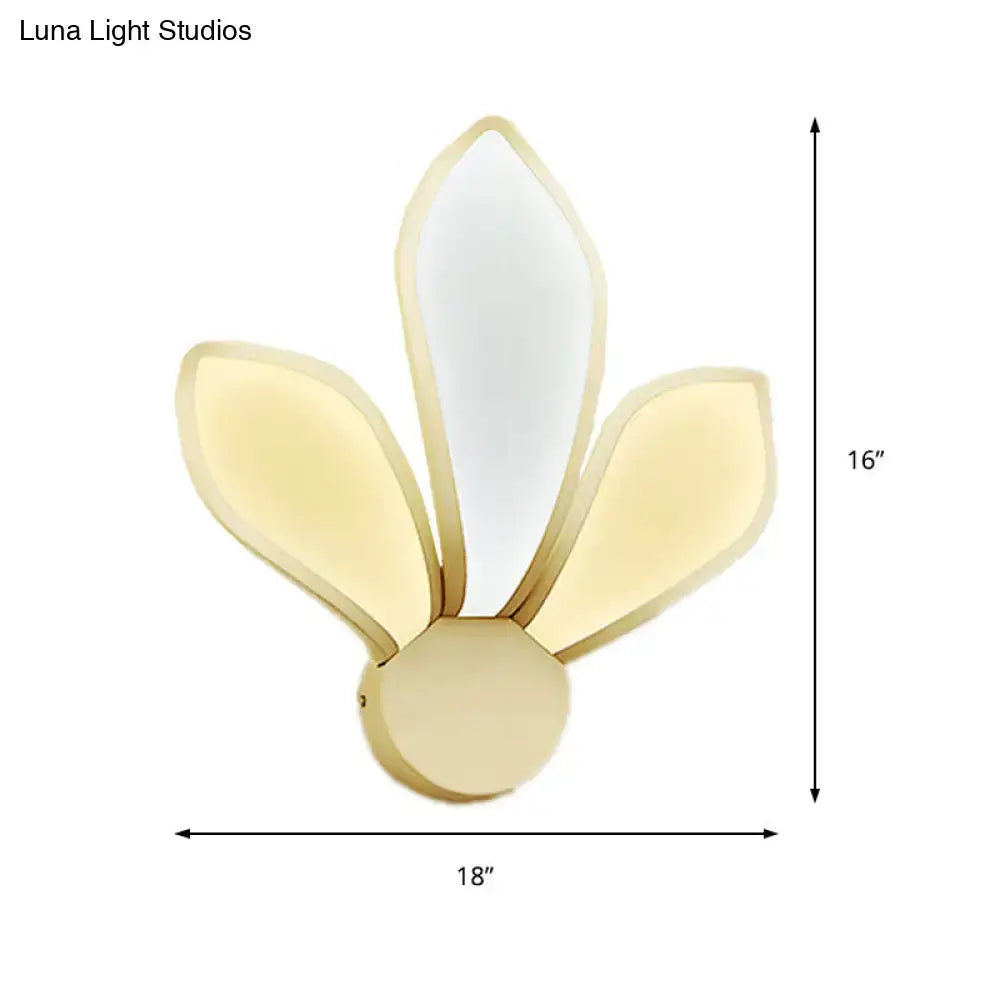Gold-toned modern flame simple acrylic led wall sconce with three leaf shapes and neutral white warm light panels
