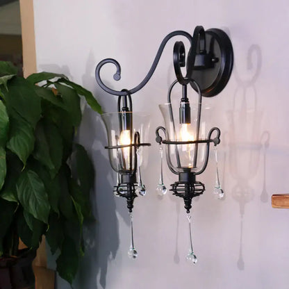 Modern flared black metal wall lamp with clear glass shades and dangling crystals suitable for 220v-240v 110v-120v use