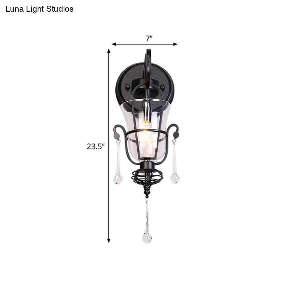Modern flared black metal wall lamp with clear glass shades and dangling crystals suitable for 220v-240v 110v-120v use