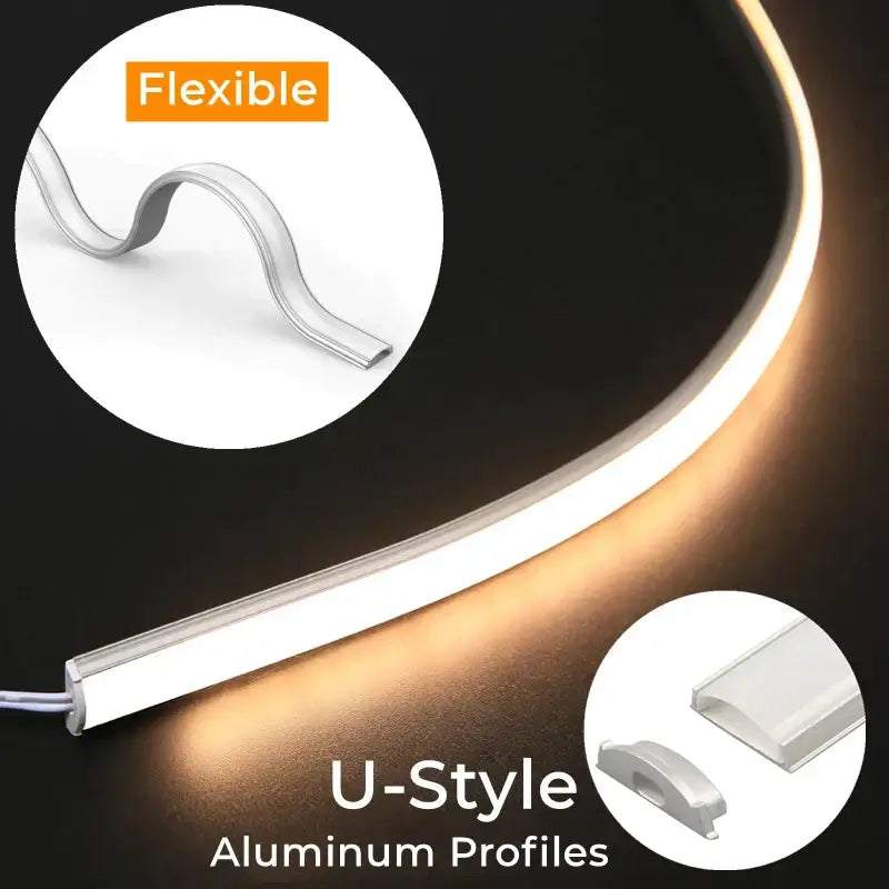 A sleek modern flexible aluminum profile for led strip lights emitting warm white illumination for kitchens