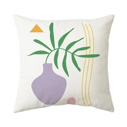 White throw pillow with minimalist lavender vase and green leaves accented by yellow lines for decorbites butterfly pillowcase decor