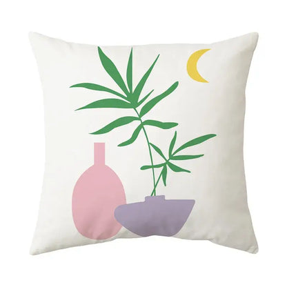 White decorbites butterfly pillowcase with minimalist green bamboo leaves pink vase and purple bowl design for living room decor