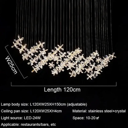 A modern 120cm decorbites crystal led chandelier with stainless steel wires and crystal flower clusters for dining room